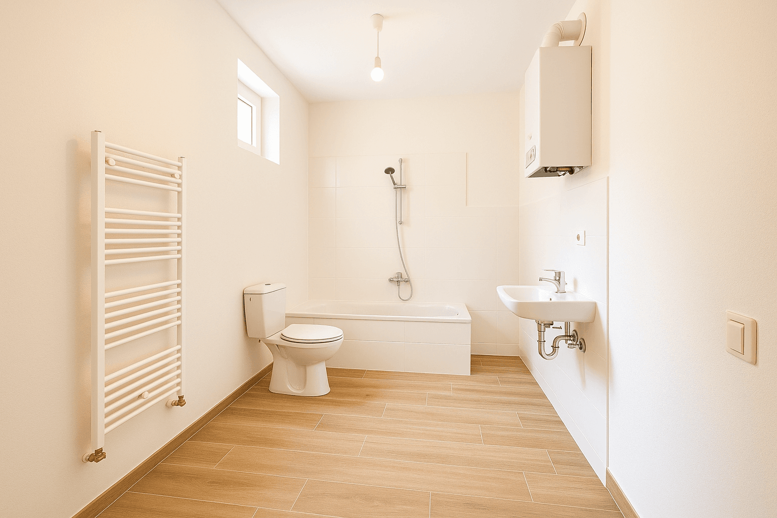 Modernes Badezimmer mit Badewanne, WC, Waschbecken, Handtuchheizkörper und Fenster.