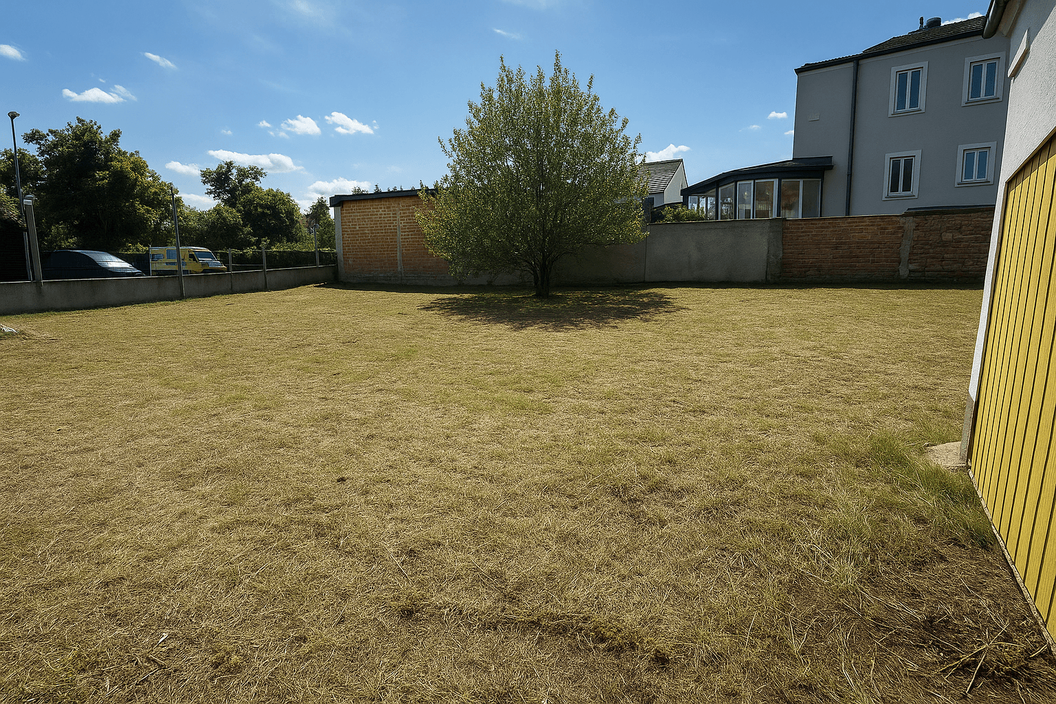 Großer, unmöblierter Gartenbereich mit Rasenfläche und einem einzelnen Baum in der Mitte.