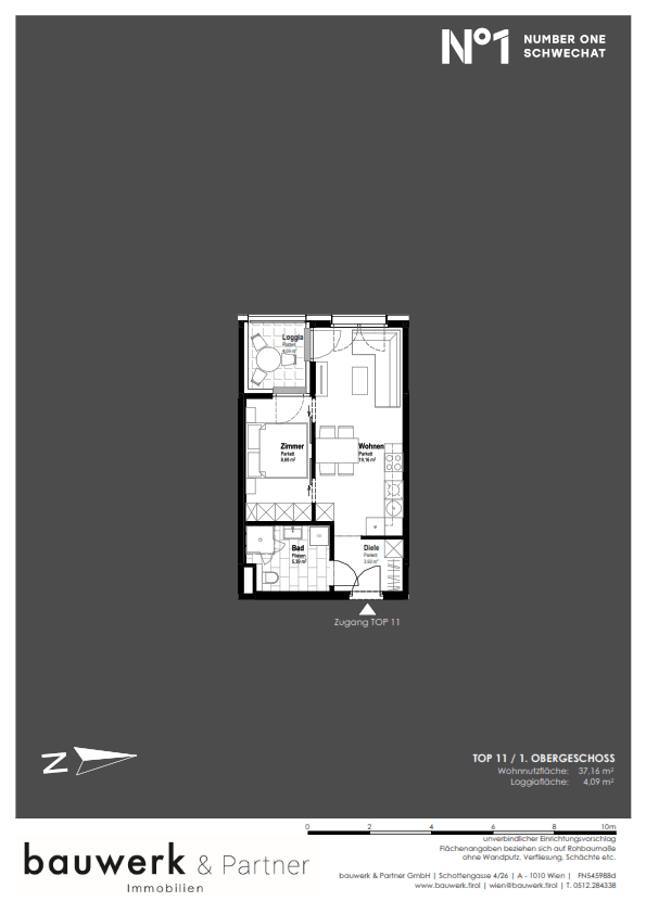 Grundriss einer Wohnung im ersten Obergeschoss mit Loggia und effizienter Raumaufteilung.