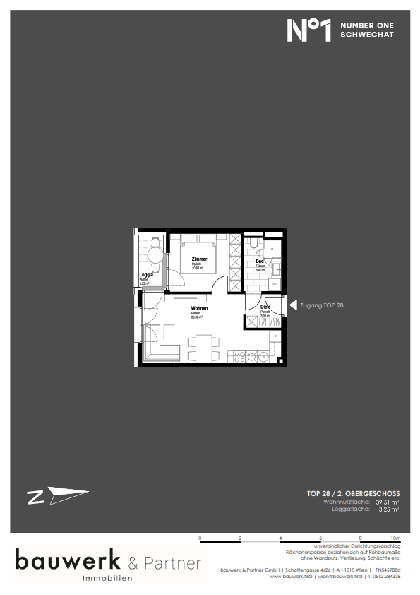 Grundriss einer Wohnung im 2. Obergeschoss mit Loggia und Balkon.
