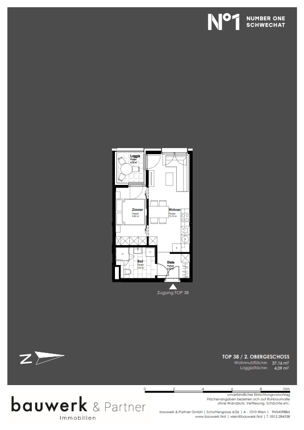 Grundriss einer kleinen Wohnung im zweiten Obergeschoss mit Loggia und separatem Schlafzimmer.