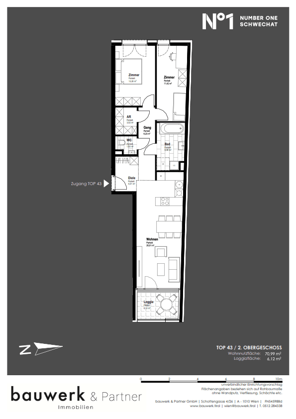 Grundriss einer Wohnung im zweiten Obergeschoss mit Loggia und separatem WC.