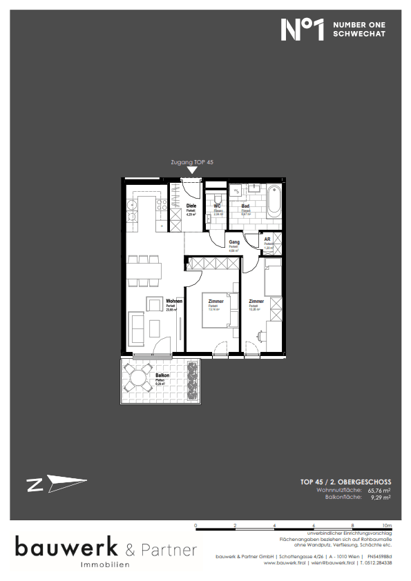 Grundriss einer Wohnung im zweiten Obergeschoss mit Balkon und drei Zimmern.