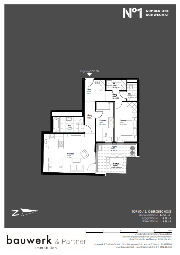 Grundriss einer Wohnung mit Wohnbereich, zwei Zimmern, Bad und Balkon.