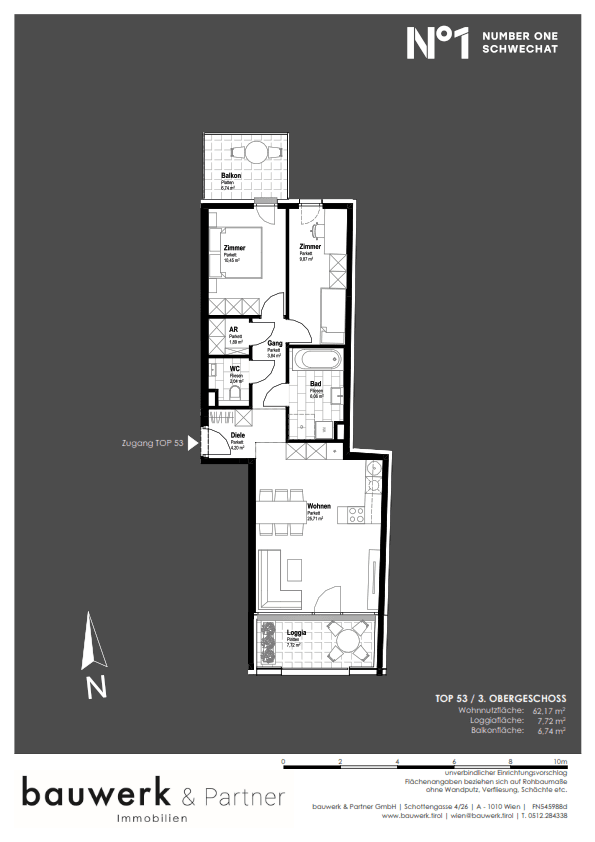 Detaillierter Grundriss einer Wohnung mit Balkon, Loggia und mehreren Zimmern auf 62,17 m² Wohnnutzfläche.