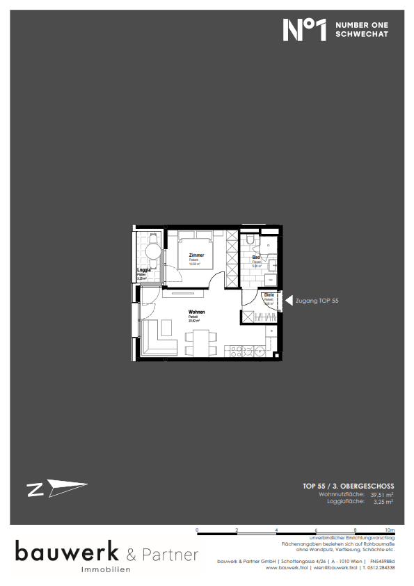 Grundriss einer kompakten Wohnung im Obergeschoss mit Loggia und effizienter Raumaufteilung.