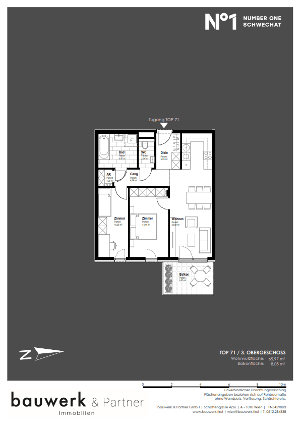 Grundriss einer Wohnung im 3. Obergeschoss mit zwei Zimmern, Bad, WC und Balkon.