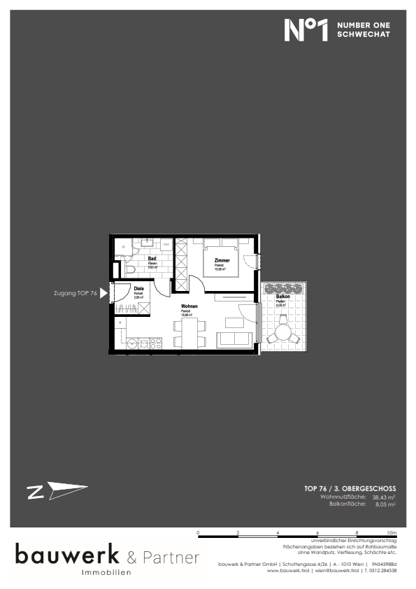 Grundriss der Wohnung TOP 76 im 3. Obergeschoss mit Wohnzimmer, Schlafzimmer und Balkon.