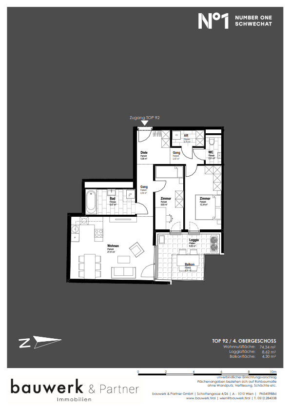 Grundriss einer Wohnung im 4. Obergeschoss mit zwei Schlafzimmern, Loggia und Balkon.