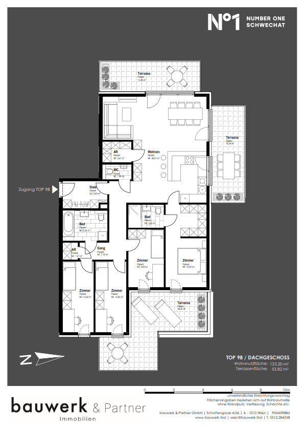 Detaillierter Grundriss einer Dachgeschosswohnung mit mehreren Zimmern und Terrassenflächen.
