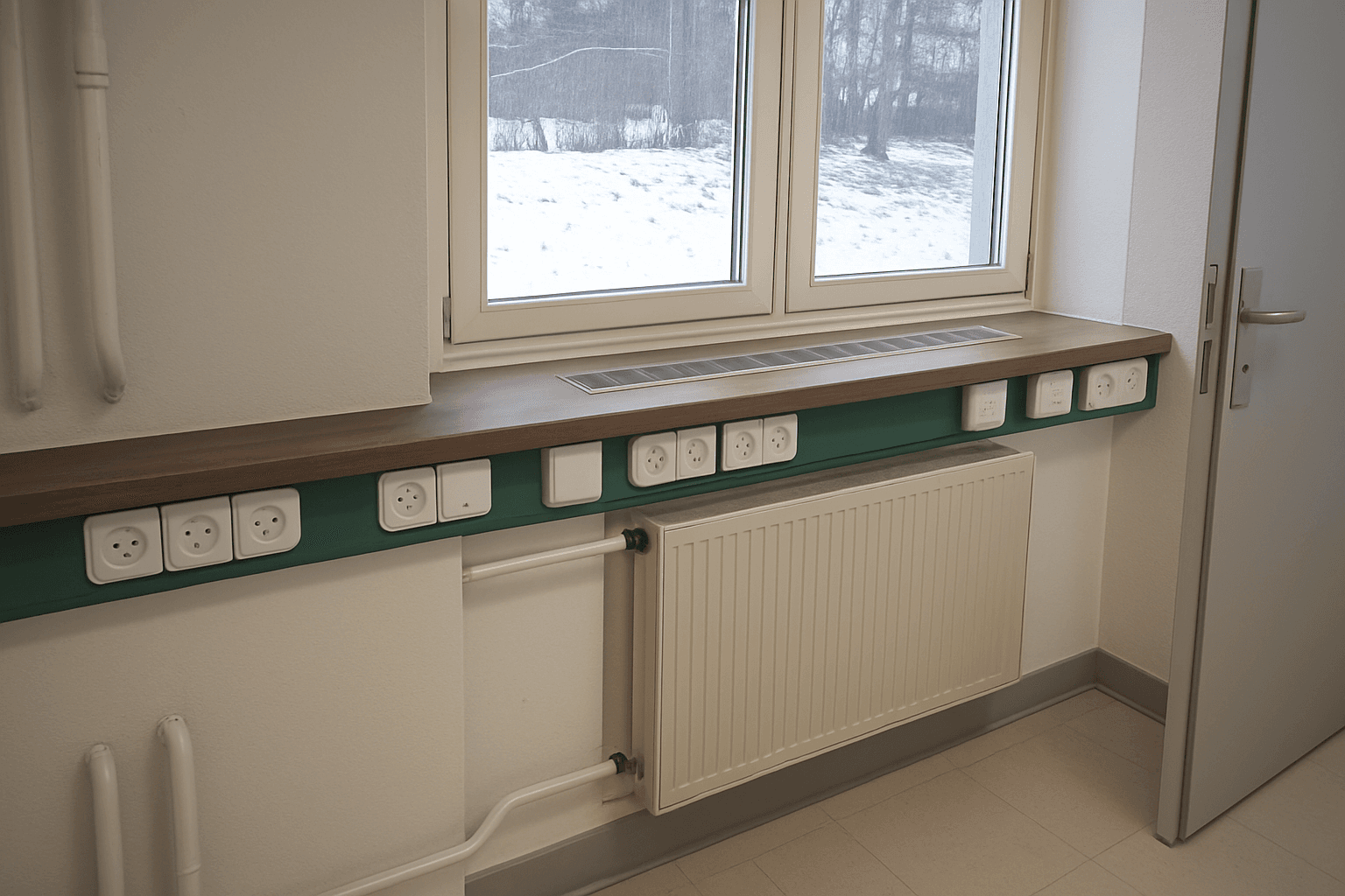 Detailansicht eines Raumes mit Fenster, Heizkörper und einer Reihe von Steckdosen entlang der Wand.