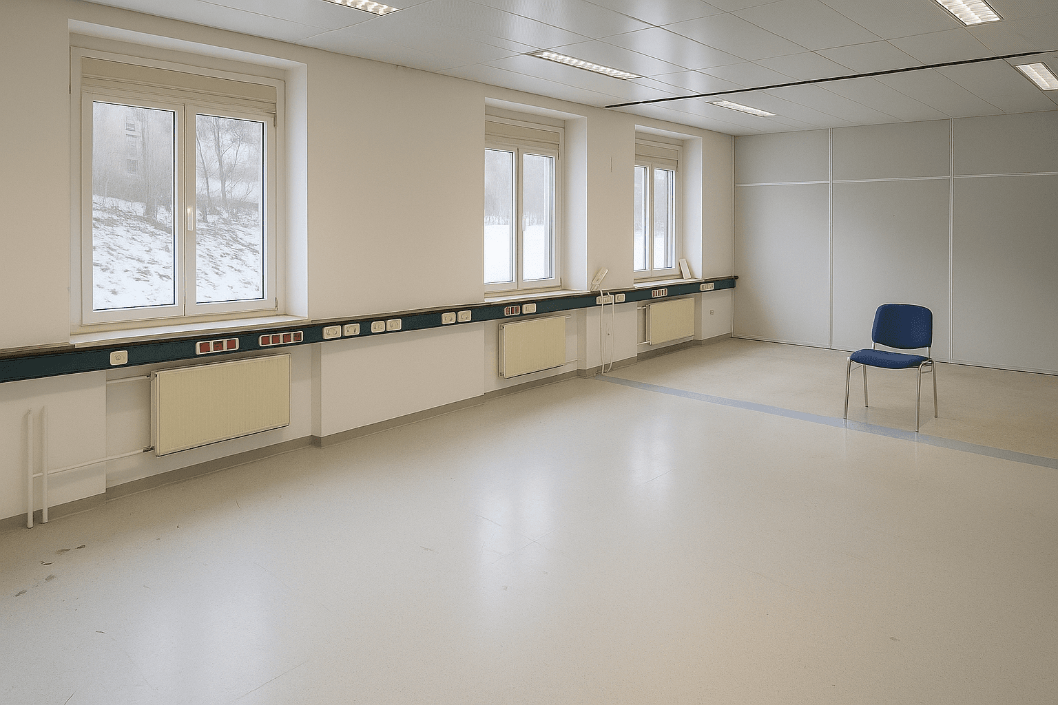 Geräumiger, leerer Raum mit mehreren Fenstern, Heizkörpern und einer Reihe von Steckdosen entlang der Wand.