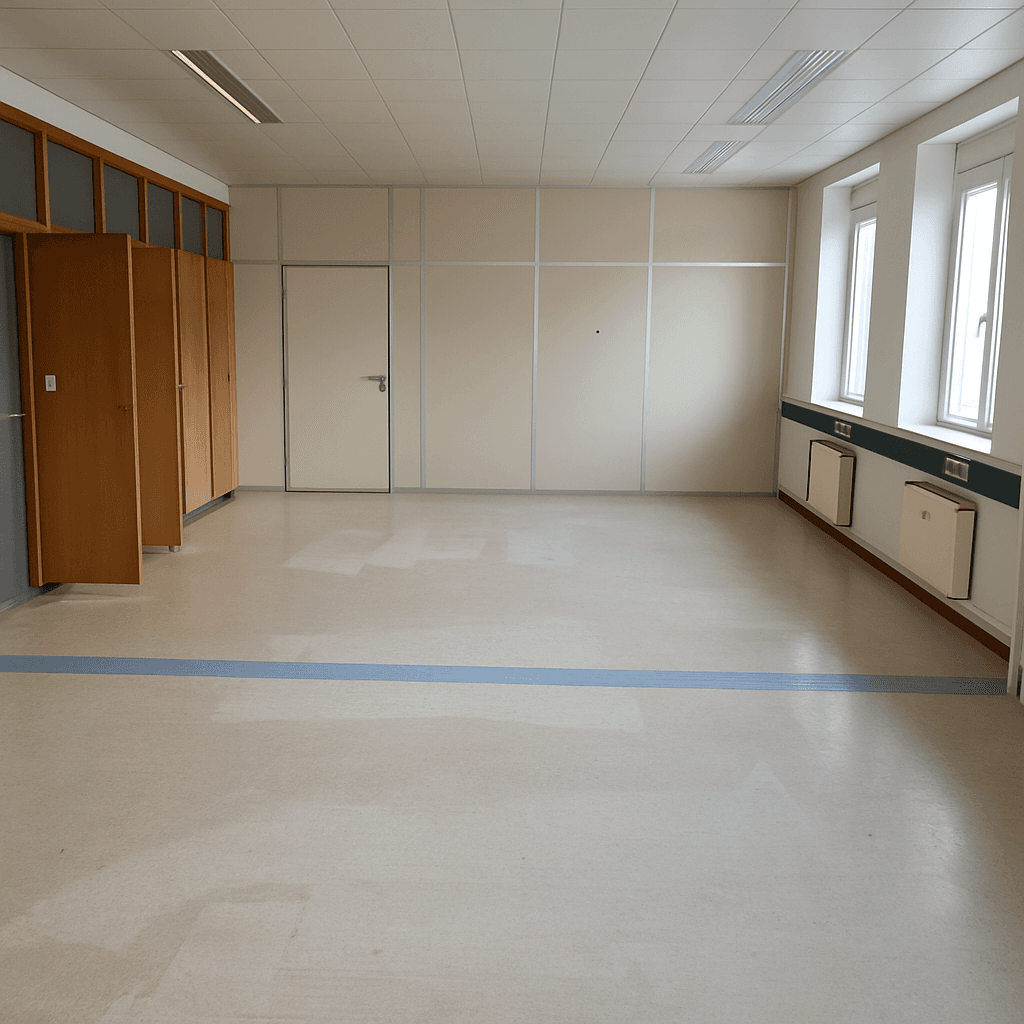 Heller, leerer Raum mit Fenstern, Einbauschränken und einer blauen Linie auf dem Boden.