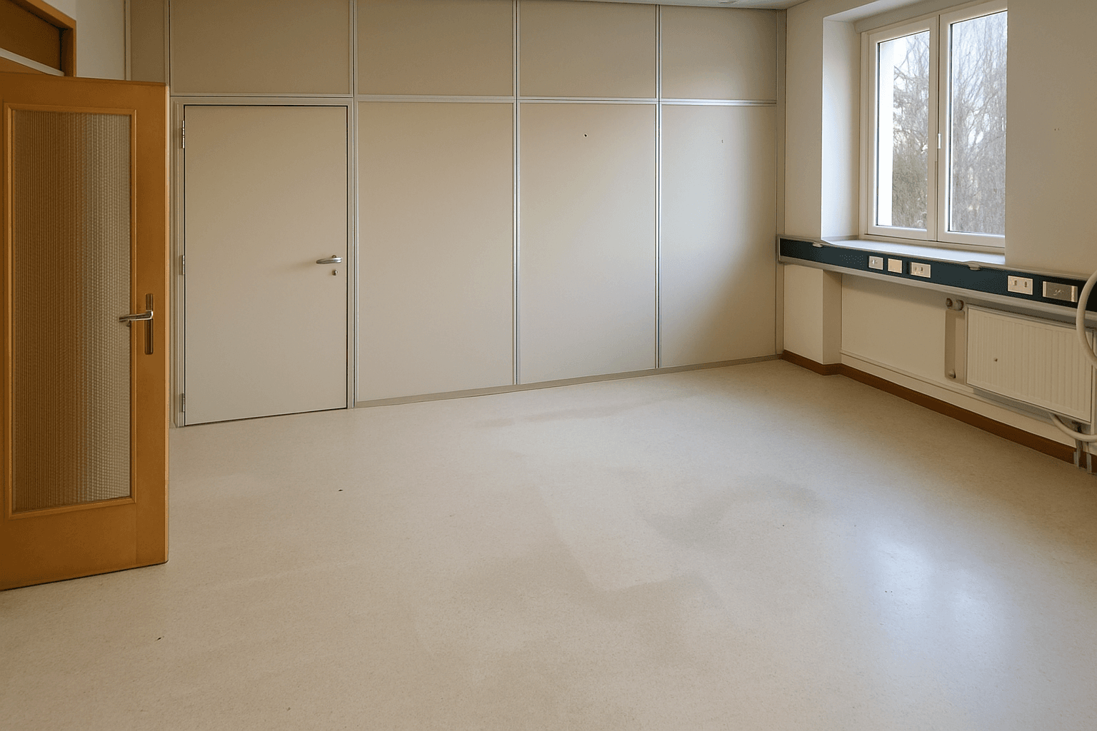 Leerer Raum mit einem Fenster, einer Tür und modularen Wandpaneelen, bereit zur individuellen Gestaltung.