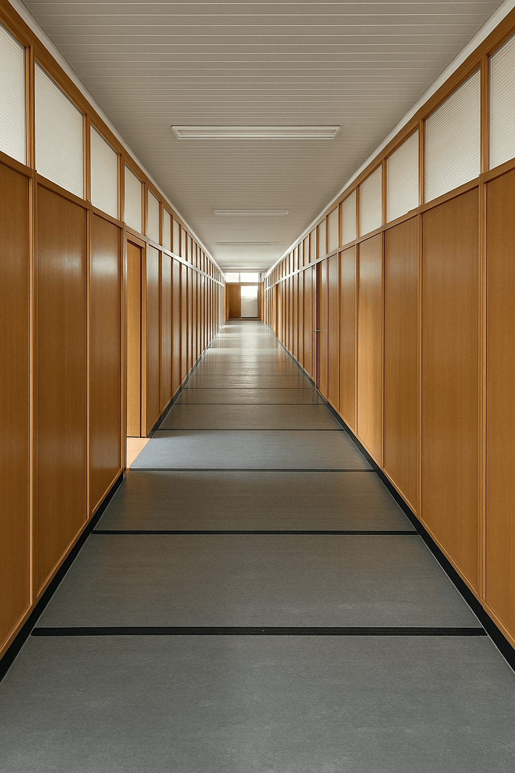 Langer, heller Flur mit Holzverkleidung und Fenstern im oberen Bereich, der zu weiteren Räumen führt.