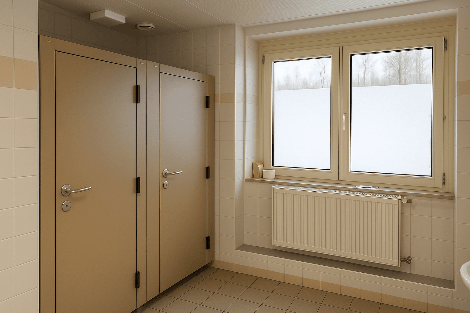 Toilettenbereich mit mehreren Kabinen, gefliesten Wänden und einem Fenster für natürliches Licht.