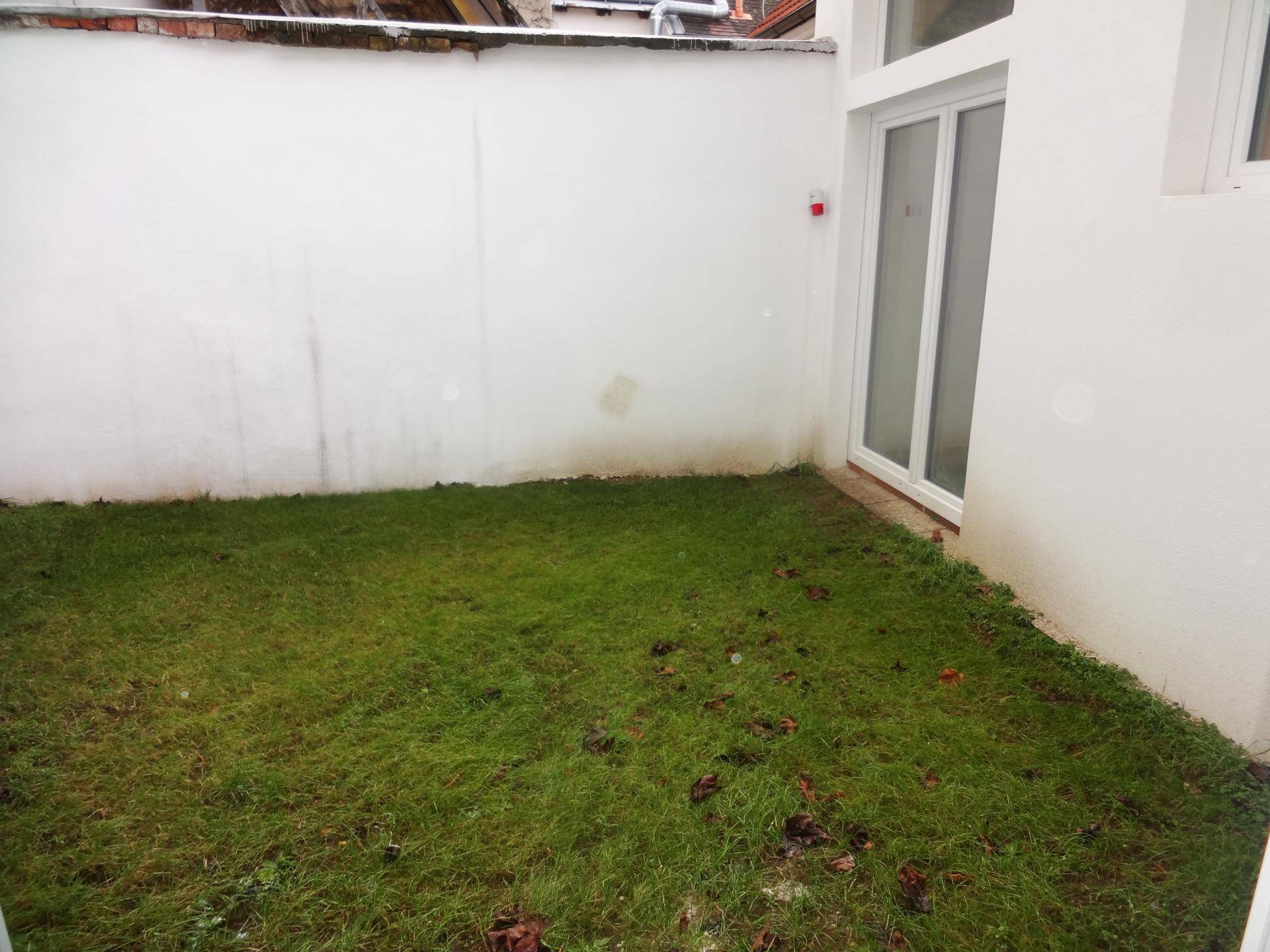 Kleiner, eingezäunter Gartenbereich mit Rasenfläche und weißer Wand.