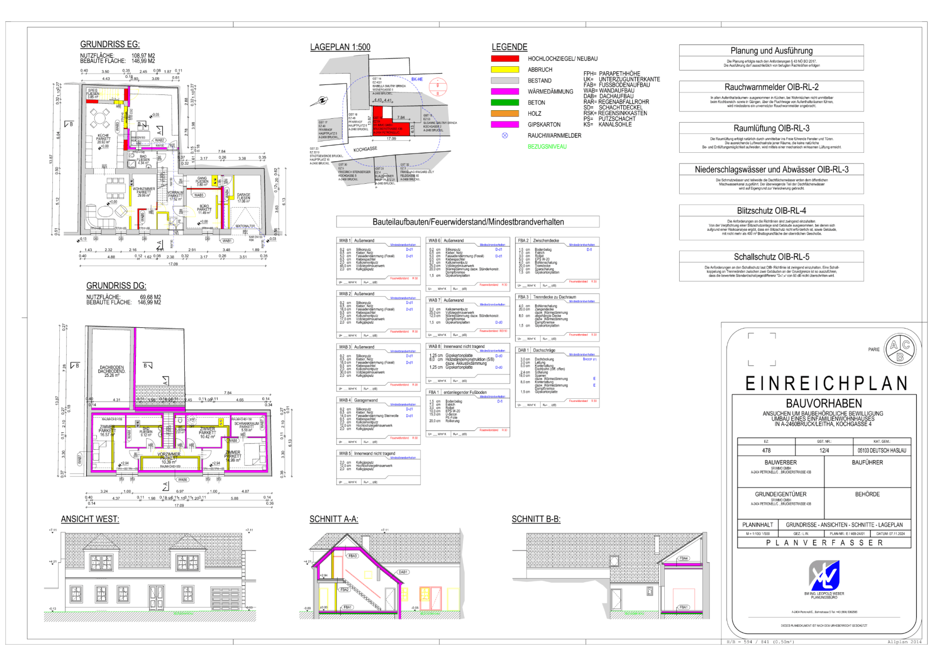 Detaillierter Einreichplan mit Grundrissen, Schnitten und Lageplan des Bauvorhabens.