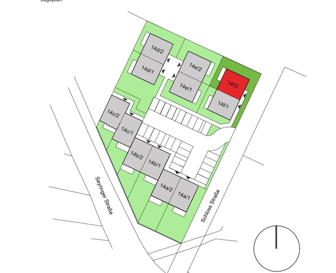 Lageplan der Wohnanlage mit einzelnen Gebäuden, Straßen und Grundstücksgrenzen.