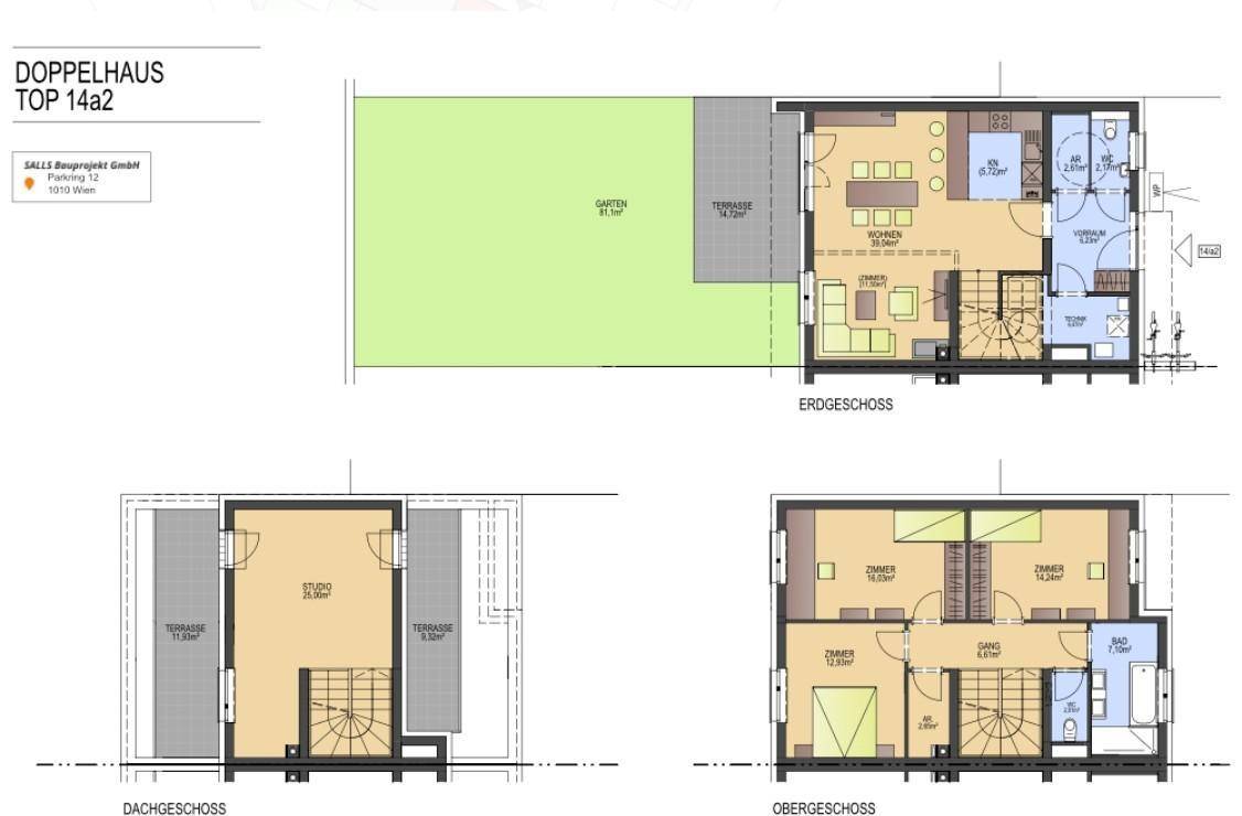 Detaillierte Grundrisse eines Doppelhauses mit Erdgeschoss, Obergeschoss und Dachgeschoss.