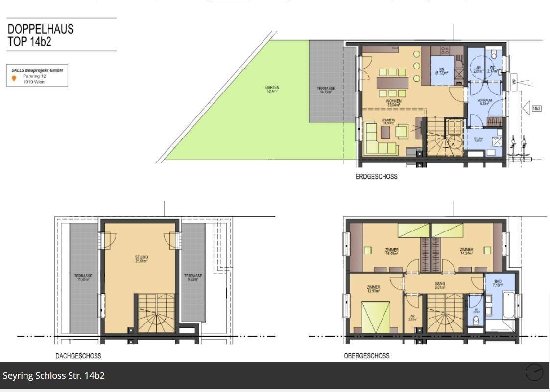 Detaillierte Grundrisse des Doppelhauses TOP 14B2 mit Erdgeschoss, Obergeschoss und Dachgeschoss.