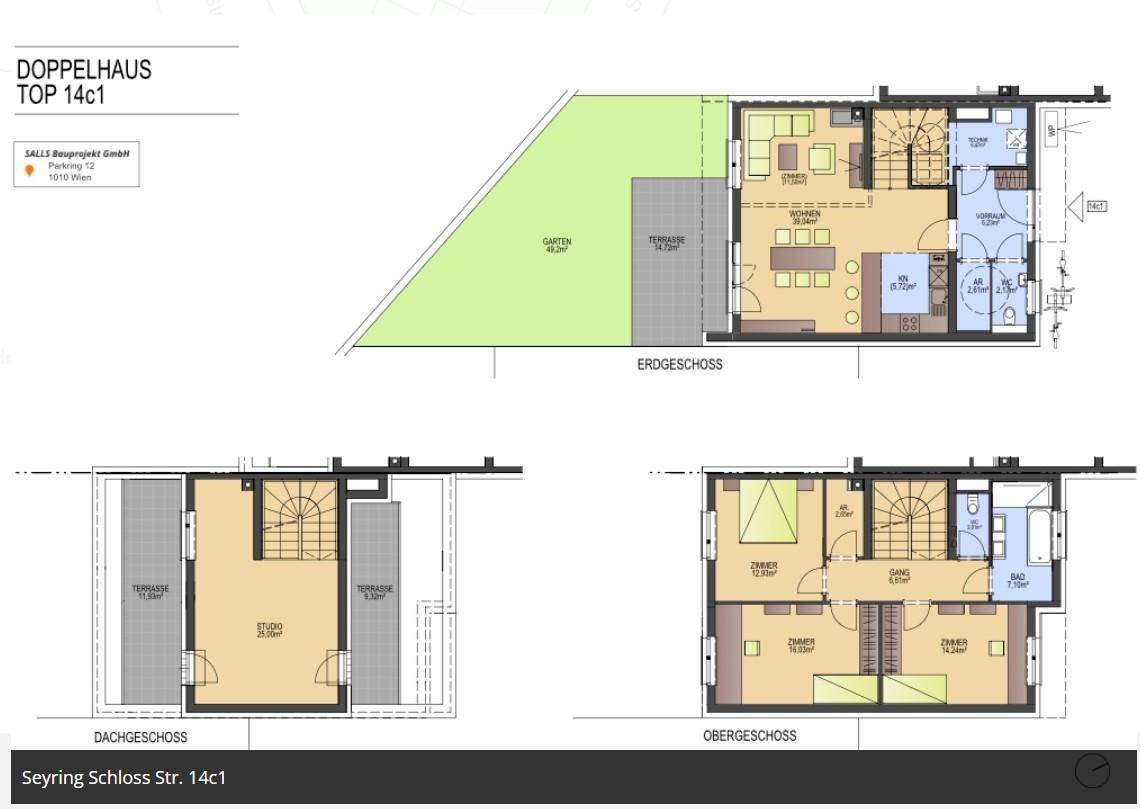 Grundrisse des Doppelhauses Top 14c1 mit Erdgeschoss, Obergeschoss und Dachgeschoss.