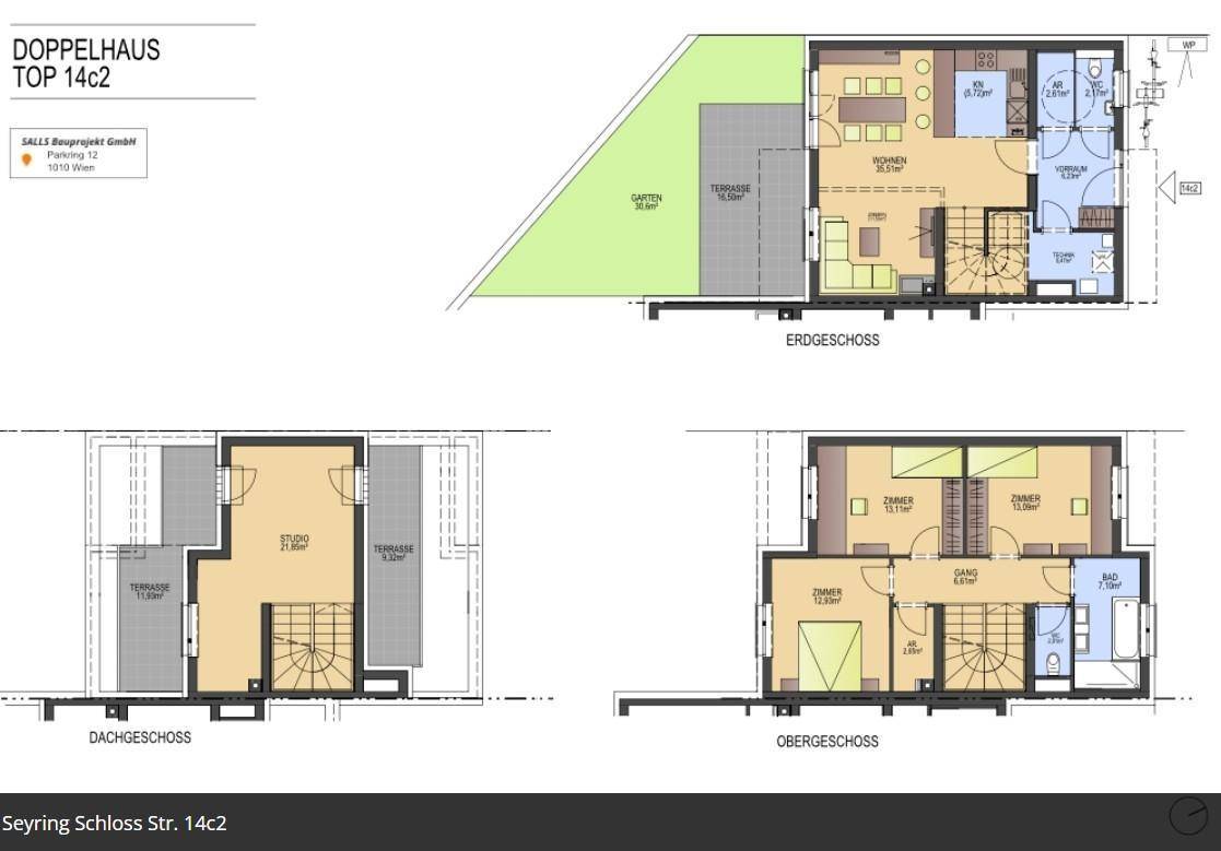 Grundrisse des Doppelhauses Top 14c2 mit Erdgeschoss, Obergeschoss und Dachgeschoss.