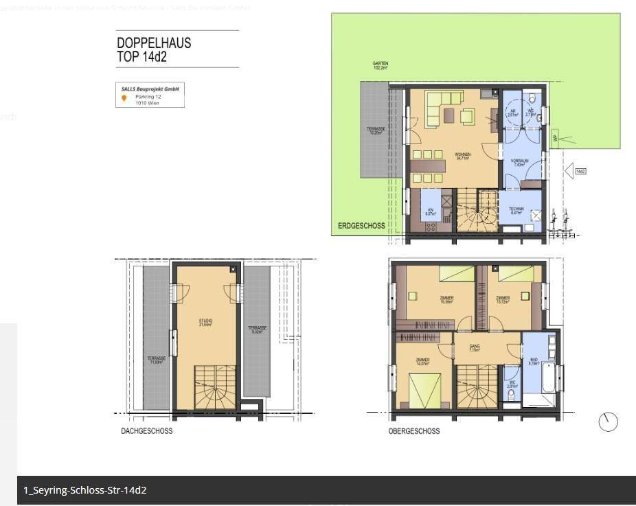 Detaillierte Grundrisse eines Doppelhauses mit Erdgeschoss, Obergeschoss und Dachgeschoss.
