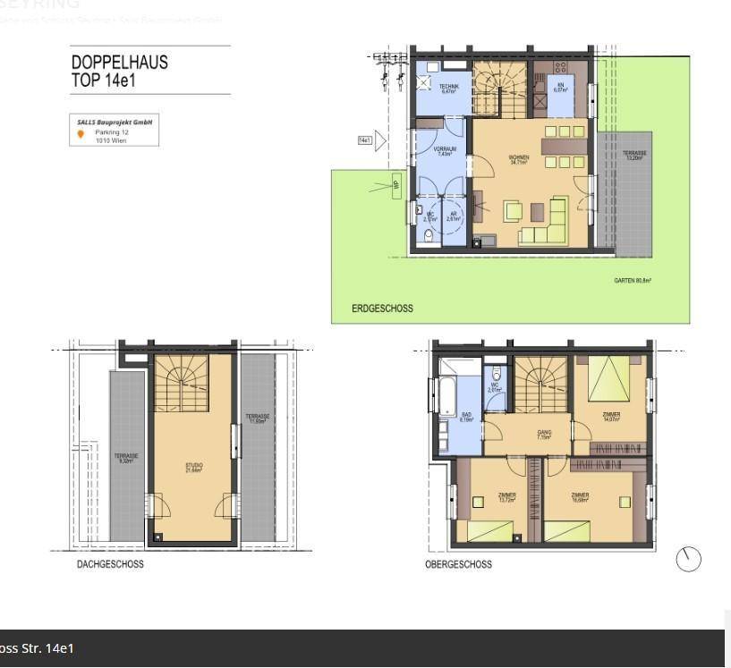 Grundrisse eines Doppelhauses mit Erdgeschoss, Obergeschoss und Dachgeschoss.