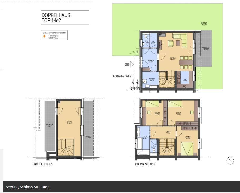 Grundrisse eines Doppelhauses mit Erdgeschoss, Obergeschoss und Dachgeschoss inklusive Terrassen und Garten.
