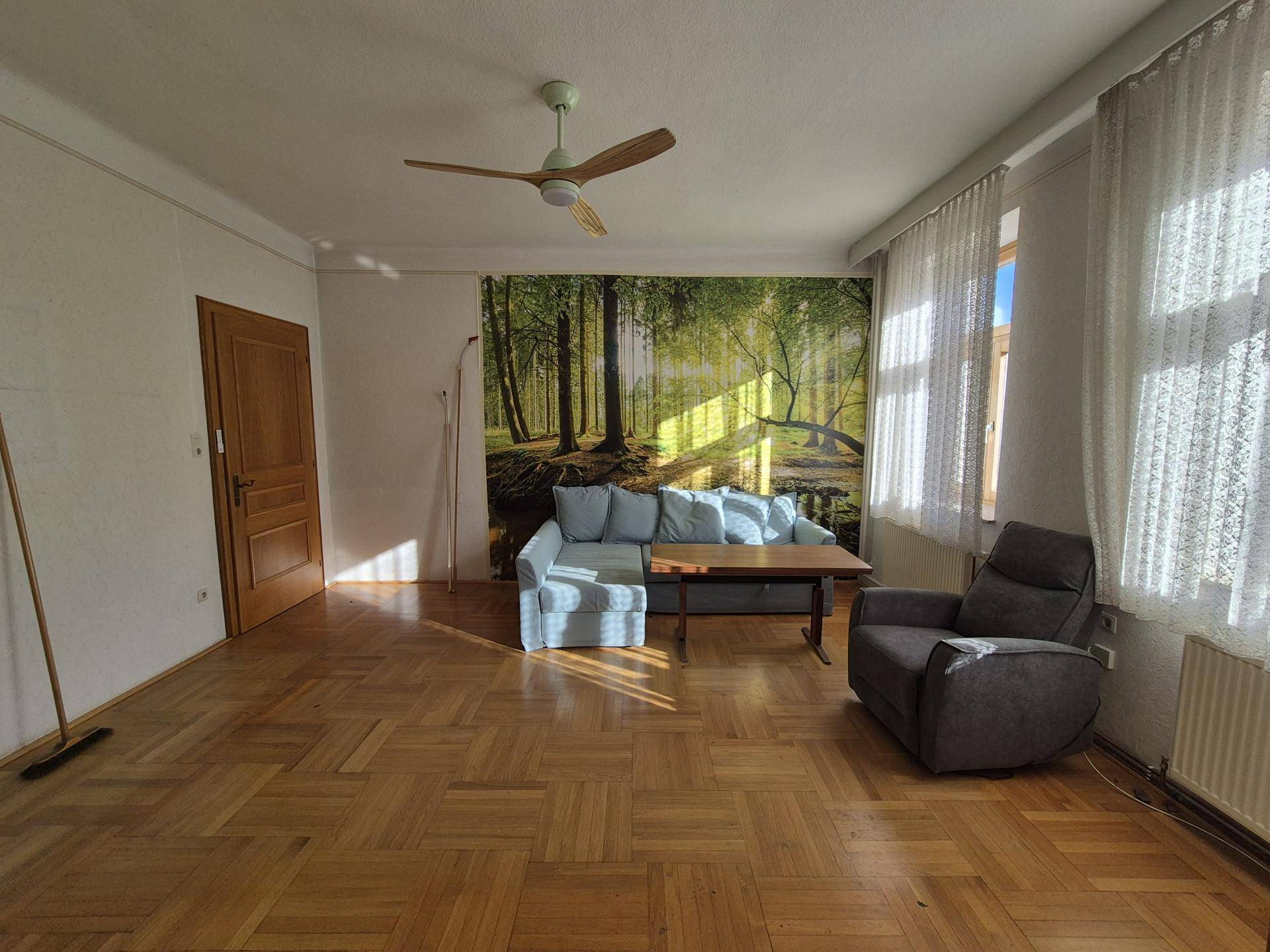 Helles Wohnzimmer mit Parkettboden, bequemen Sofas und einer Waldtapete an der Wand.