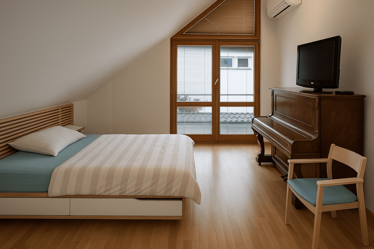 Schlafzimmer mit Holzboden, großem Fenster, Klavier und Klimaanlage.