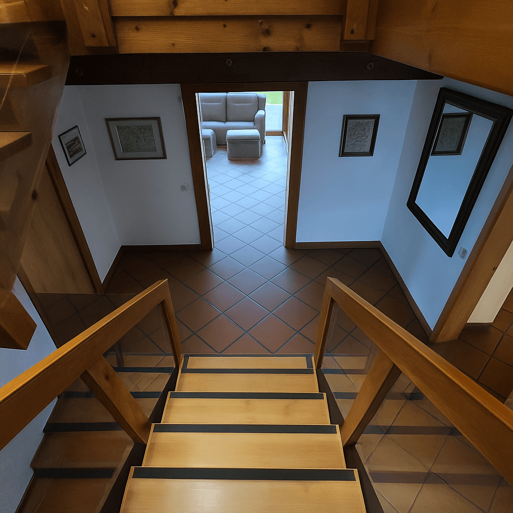 Holztreppe führt zu einem gefliesten Flur mit Zugang zu weiteren Räumen.