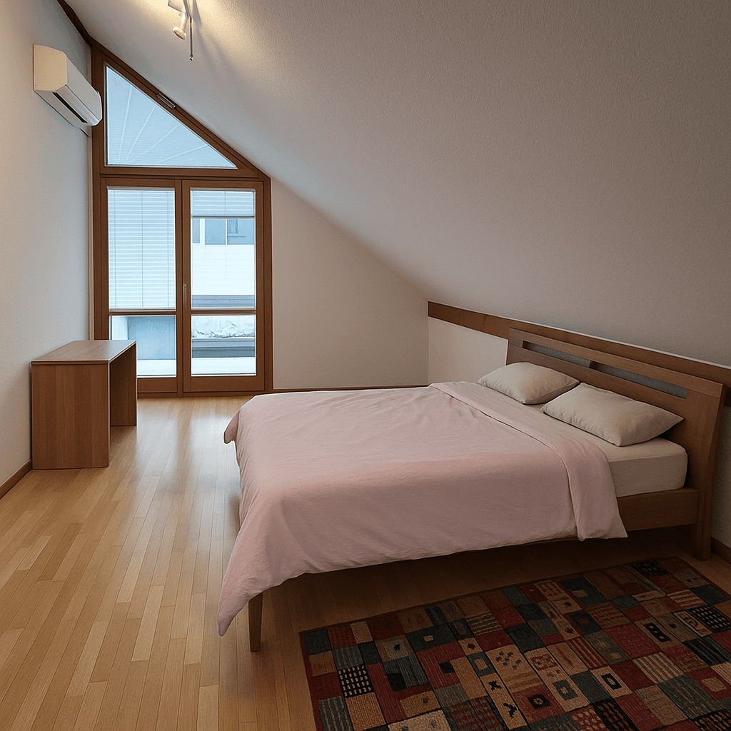 Helles Schlafzimmer mit Holzboden, schrägen Wänden und großem Fenster mit Jalousien.