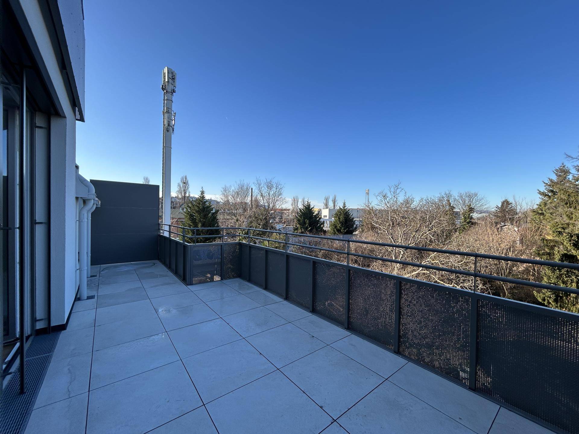 Geräumige Dachterrasse mit Fliesenboden und Metallgeländer, bietet weite Aussicht unter blauem Himmel.