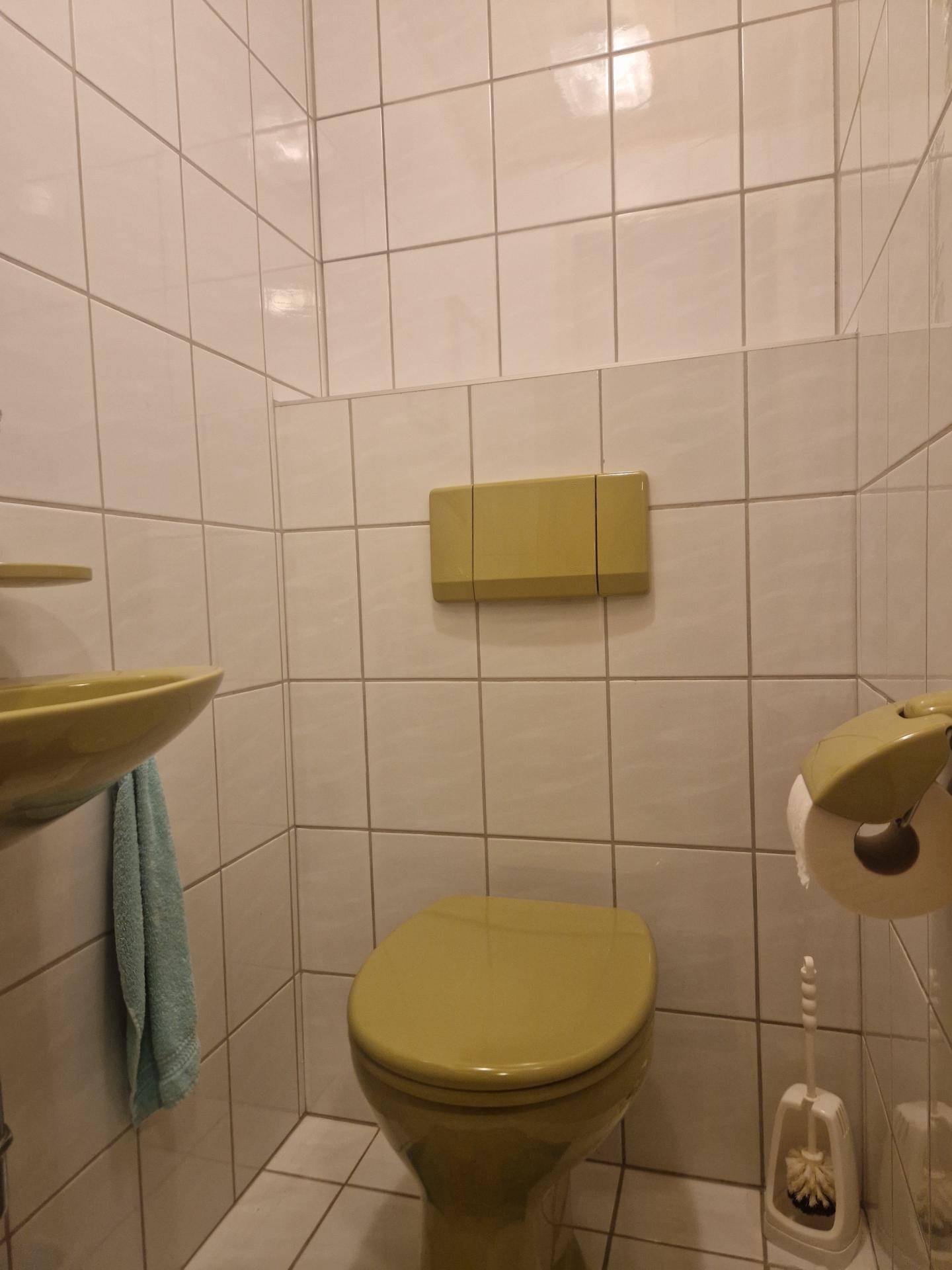 Gäste-WC mit gelben Sanitärobjekten, Fliesen und kleinem Waschbecken.