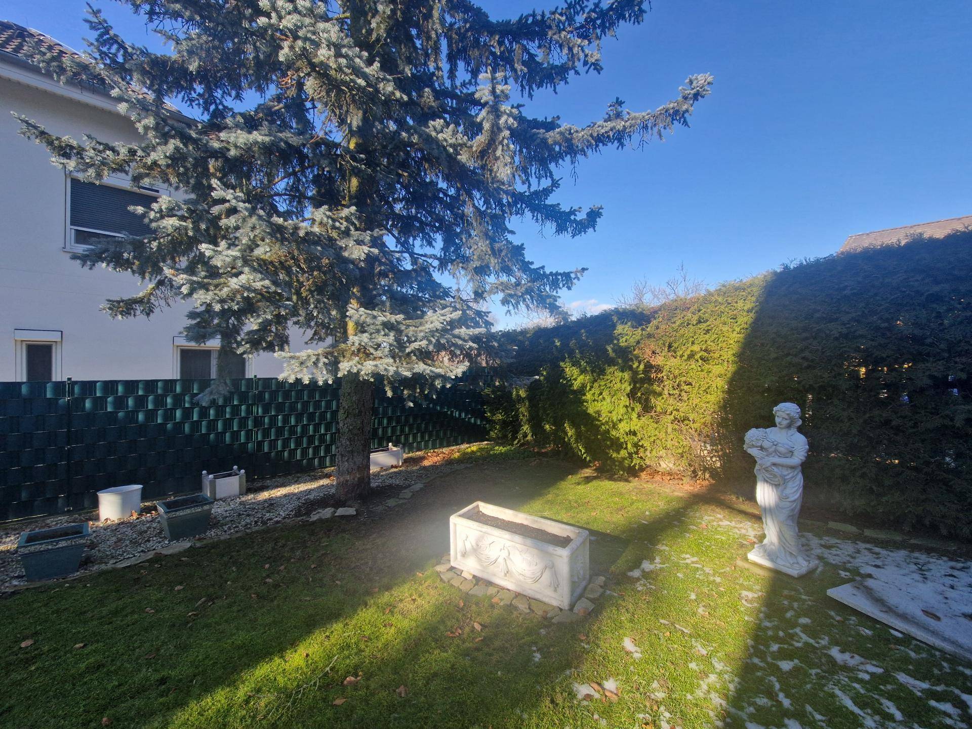 Gepflegter Gartenbereich mit großen Bäumen, Rasenfläche und einer klassischen Statue.