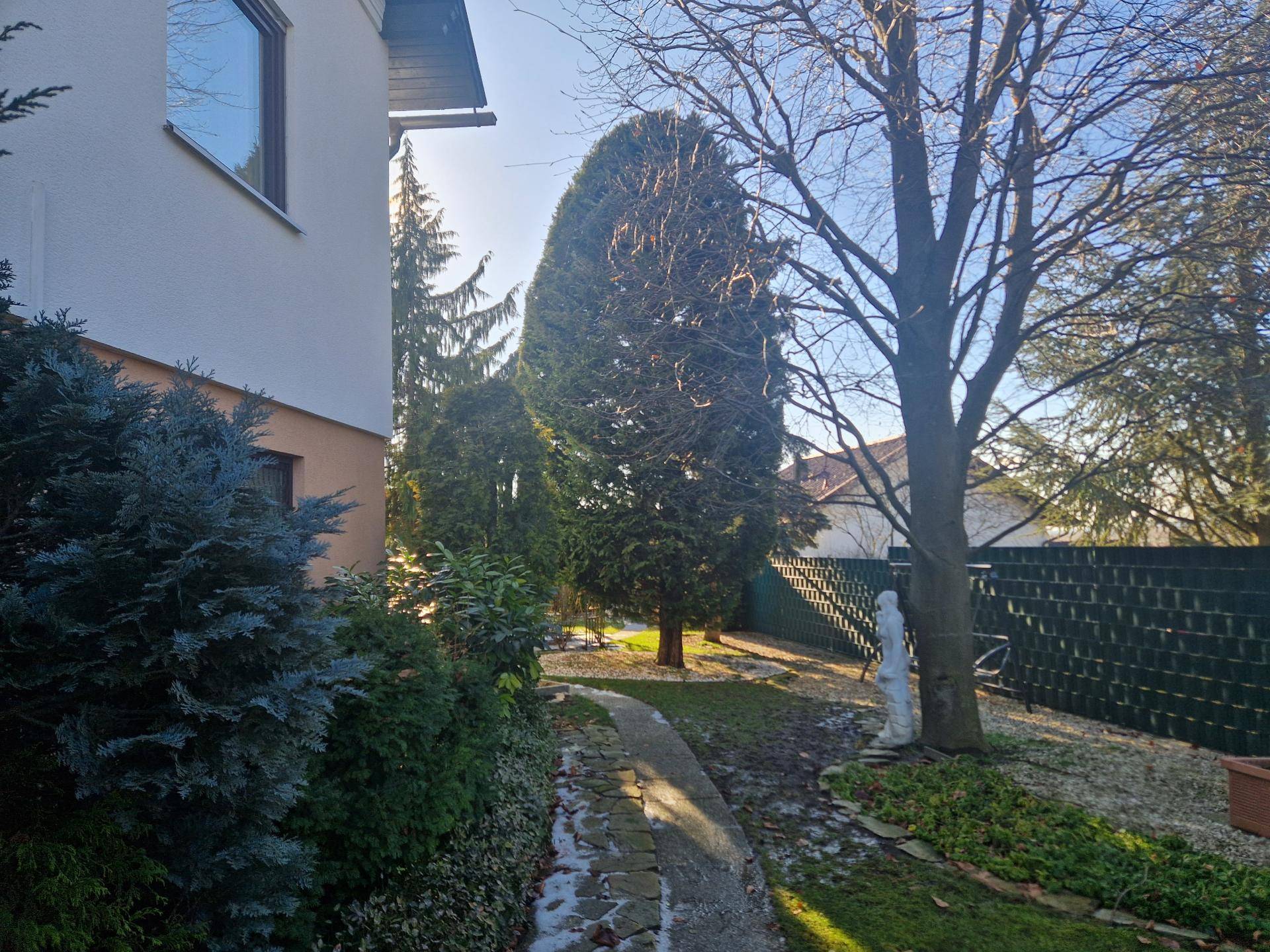 Gartenweg entlang des Hauses mit Bäumen, Sträuchern und leichter Schneedecke.