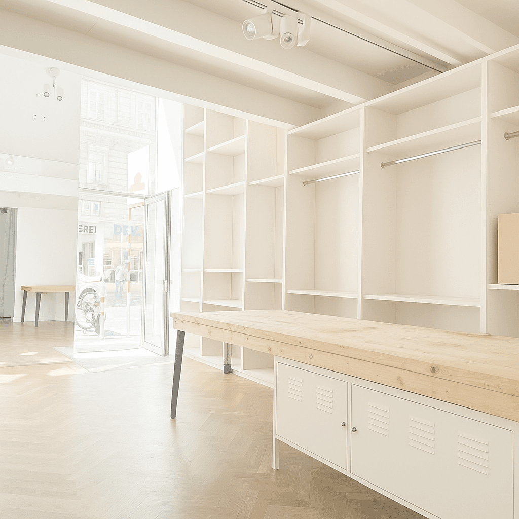 Großer, lichtdurchfluteter Ladenbereich mit hohen Decken, Einbauregalen und Schaufenster zur Straße.
