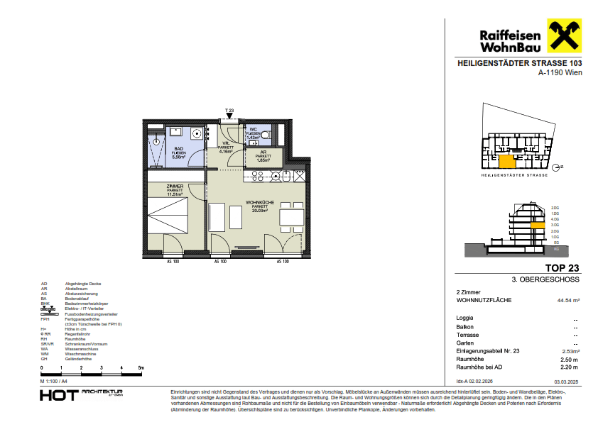 Grundriss der Wohnung TOP 23 im 3. Obergeschoss mit offener Wohnküche, einem Schlafzimmer und Loggia.