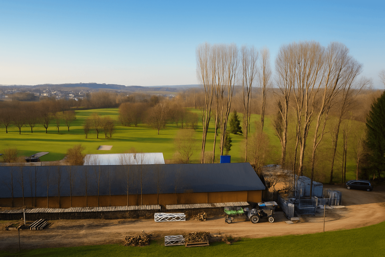 Luftaufnahme eines großen Gebäudes neben einem Golfplatz mit weiten Grünflächen.