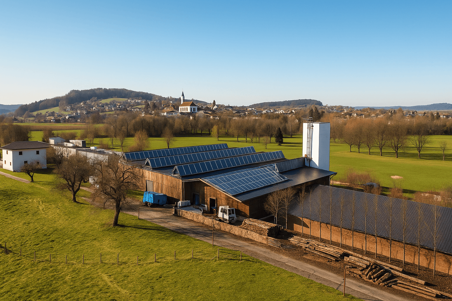 Luftaufnahme eines großen Gebäudekomplexes mit Solaranlagen und einem Dorf im Hintergrund.