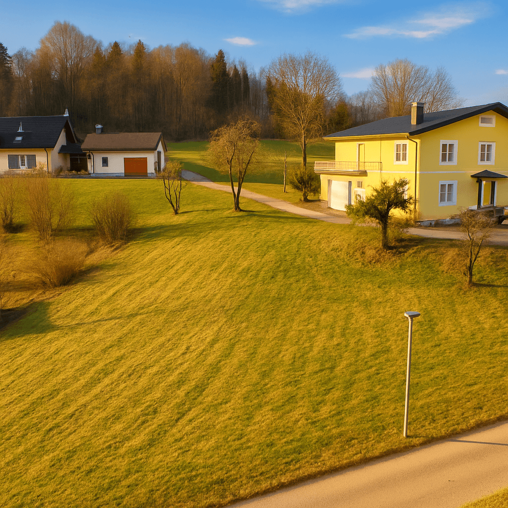 Ländliche Häuser auf einem sonnigen Hügel mit weiten Rasenflächen und Wald im Hintergrund.