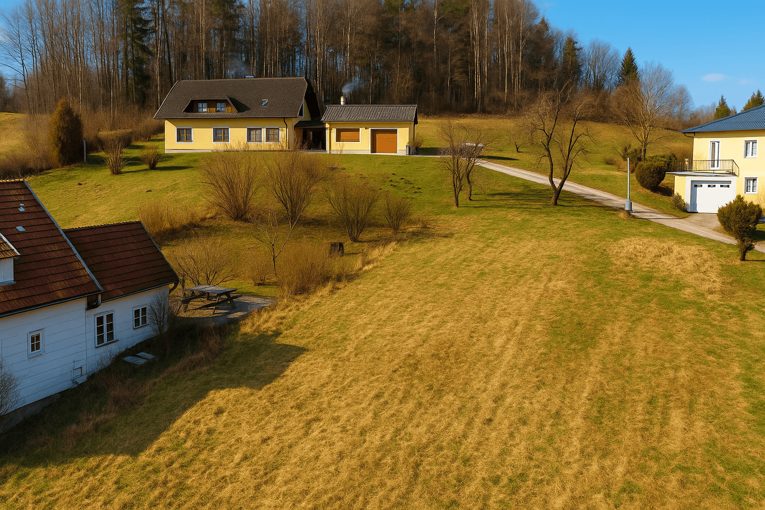Mehrere Häuser in einer hügeligen Landschaft mit kahlen Bäumen und weiten Wiesenflächen.