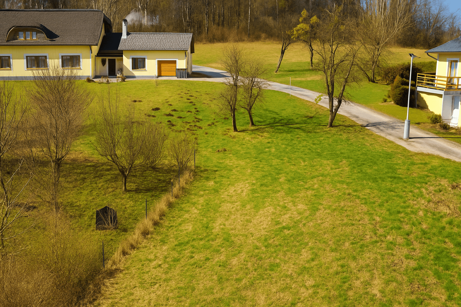 Häuser in einer ländlichen Umgebung mit grünen Wiesen und einem Wald im Hintergrund.