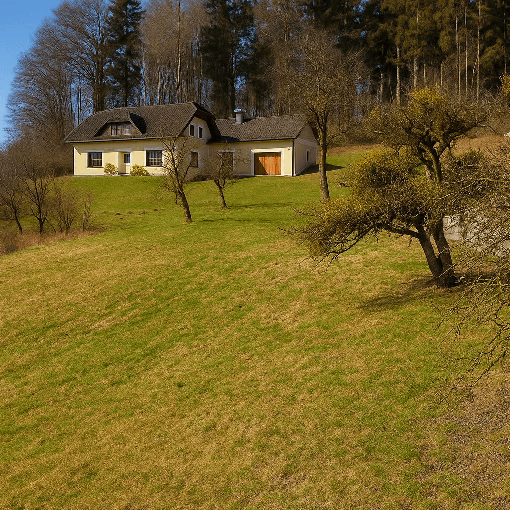 Einzelnes Haus auf einem sonnigen Hügel mit weiten Wiesen und einem dichten Wald im Hintergrund.