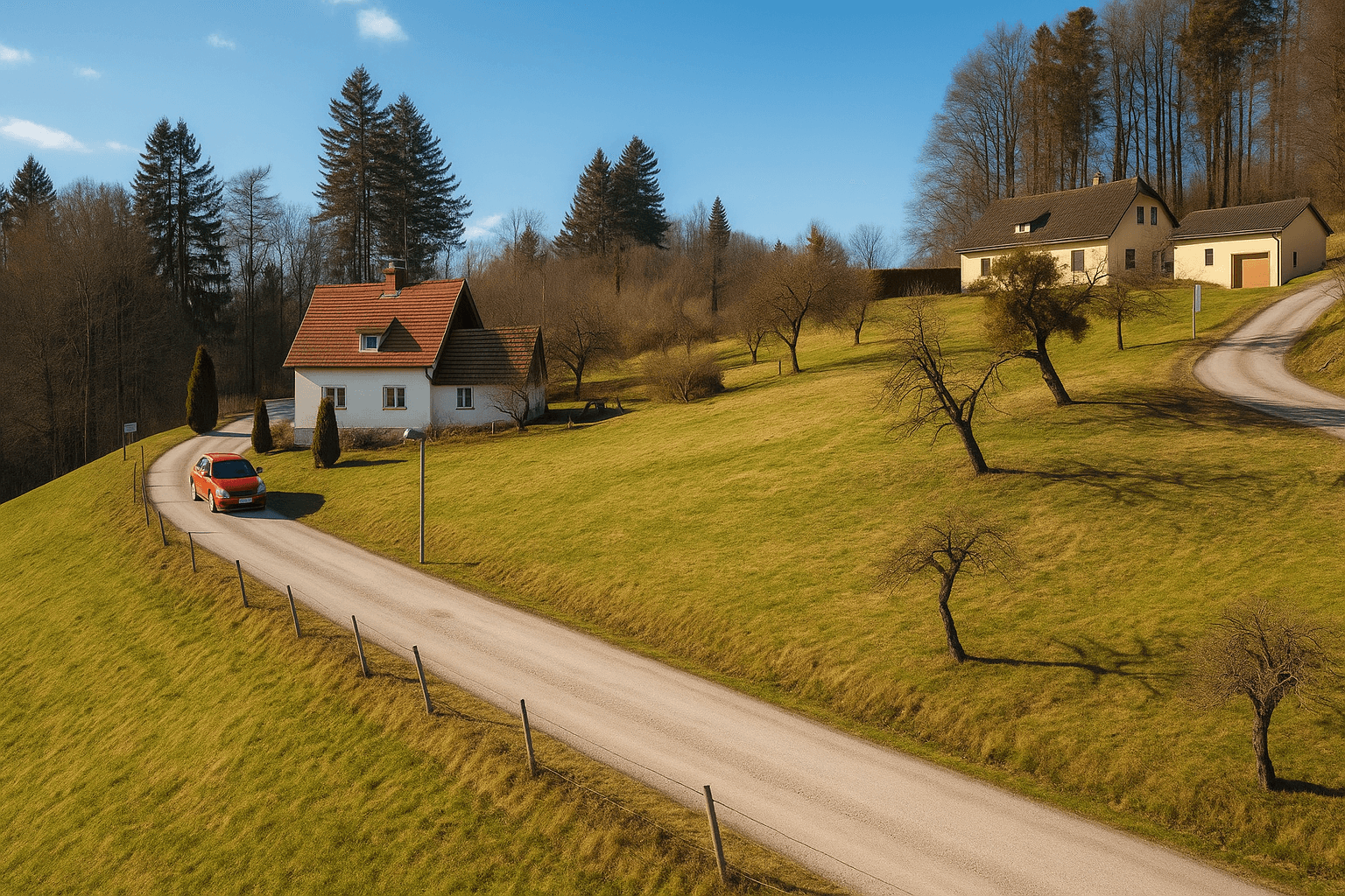 Ländliche Häuser entlang einer kurvigen Straße in einer hügeligen, grünen Landschaft.