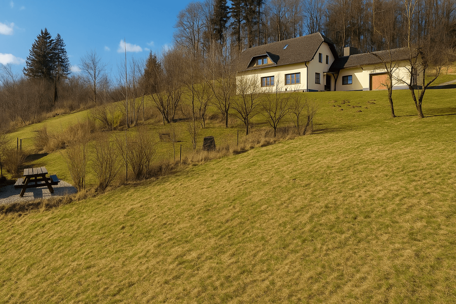 Haus auf einem sonnigen Hügel mit weiten Wiesen und einem Picknicktisch im Vordergrund.