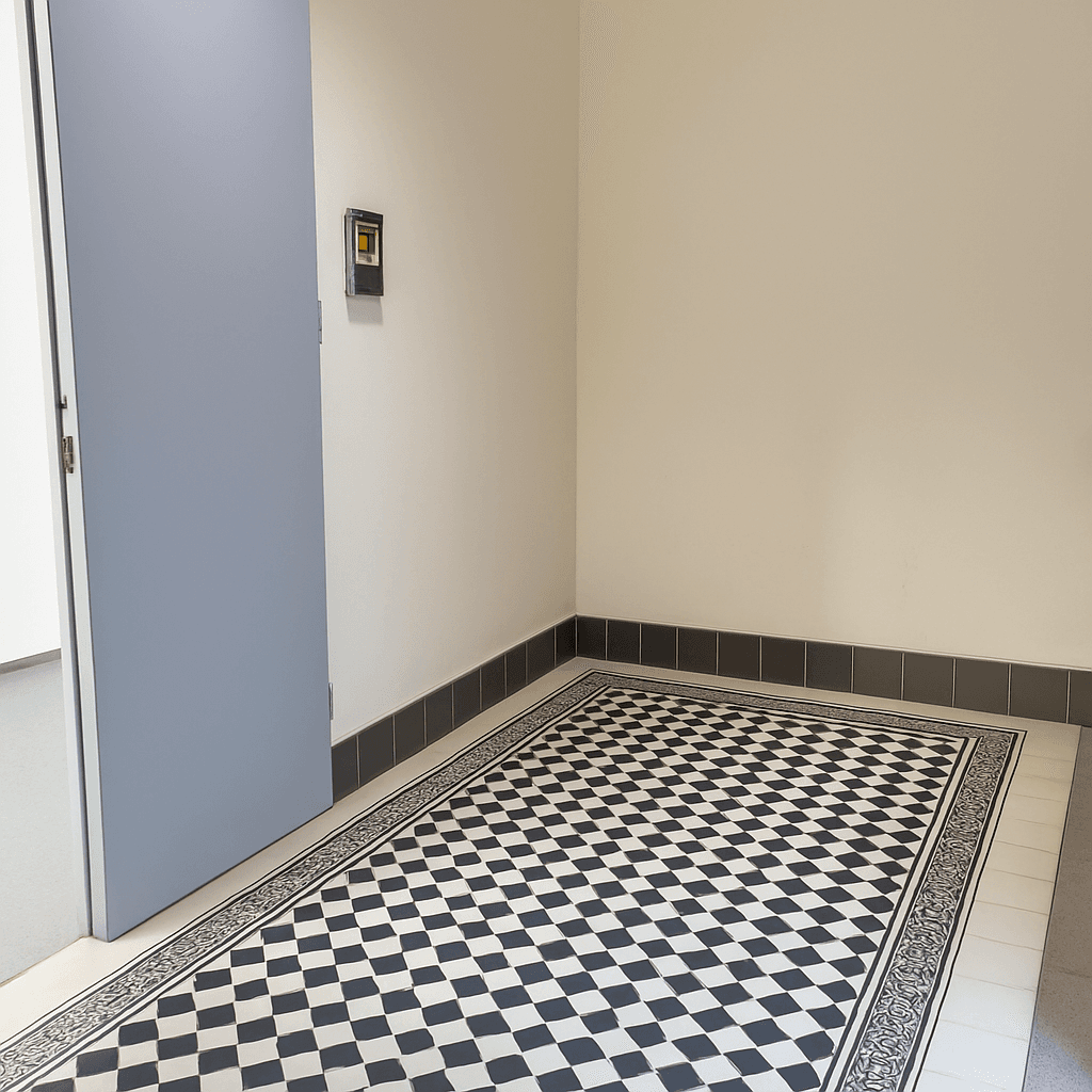 Flur mit auffälligem schwarz-weißem Schachbrettmuster-Fliesenboden und schlichter Wandgestaltung.