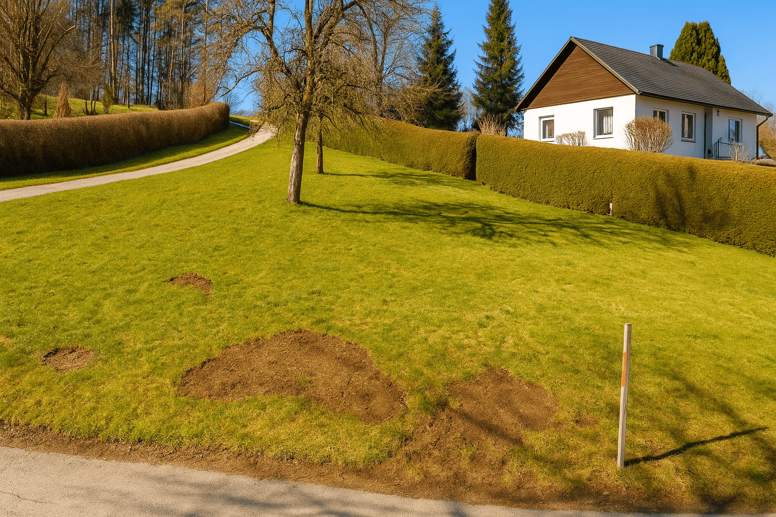 Sonniges Grundstück mit Rasen, Hecken und einem Haus im Hintergrund, umgeben von Natur.